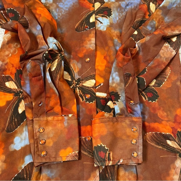 VNTG 70's Panhandle Slim Orange Blue Brown Butterfly Snap Front Shirt Size 14/36 - Picture 13 of 16